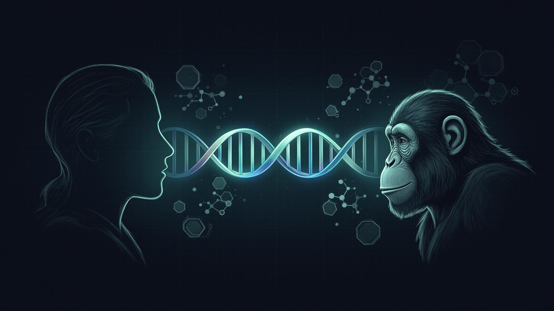 DNA helix between a human and an ape silhouette